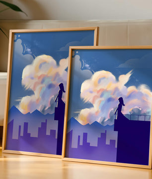 Silhouette of a woman on rooftop against a dreamy sky with colorful clouds