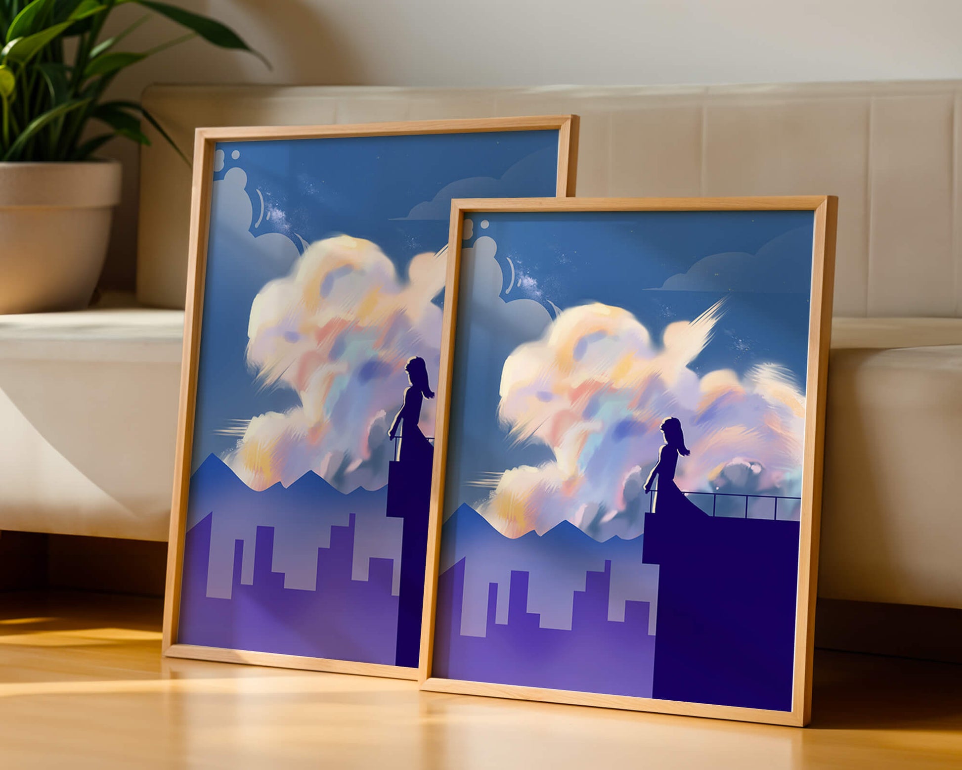 Silhouette of a woman on rooftop against a dreamy sky with colorful clouds
