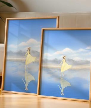 Woman in yellow dress standing on reflective water against clear sky