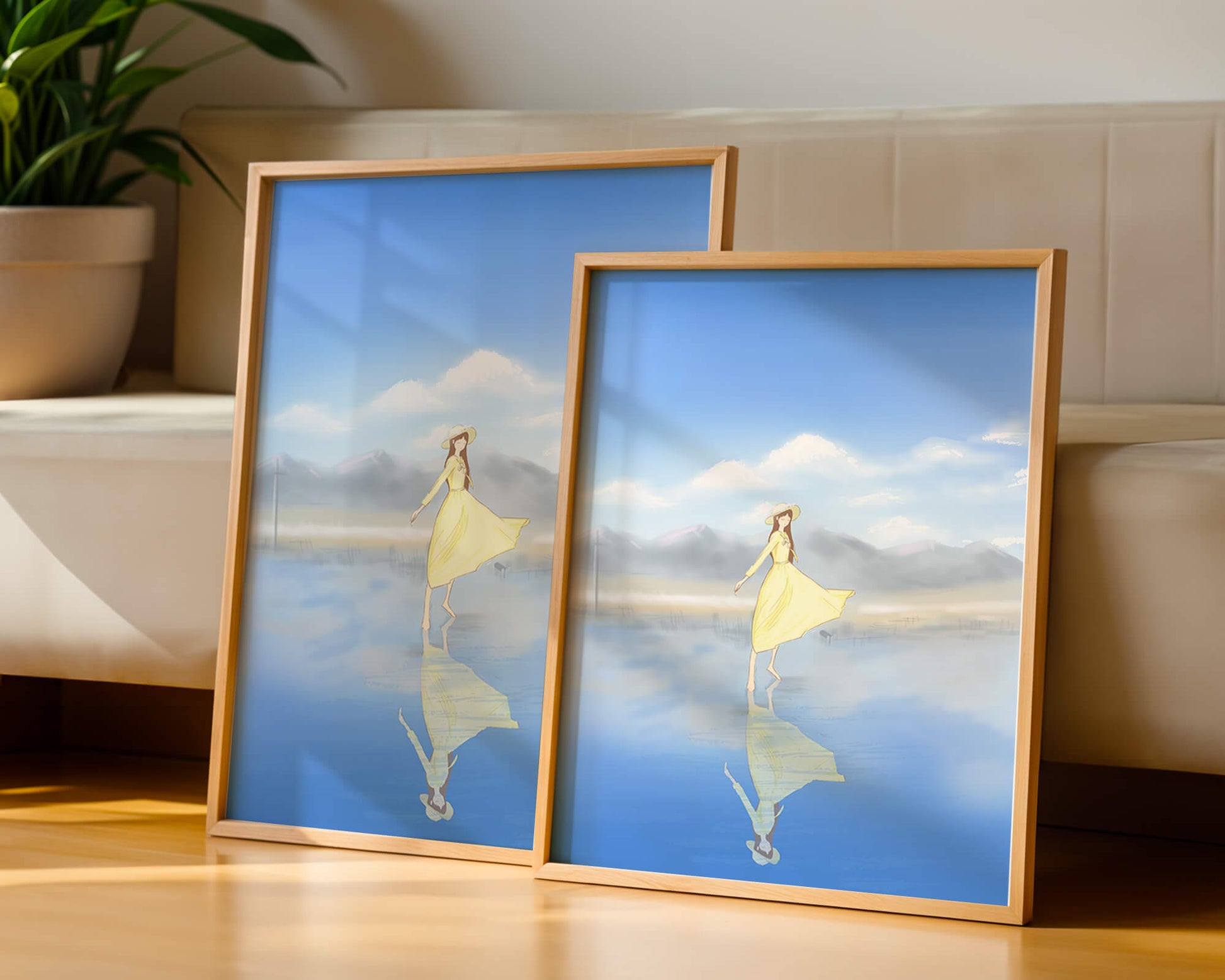 Woman in yellow dress standing on reflective water against clear sky