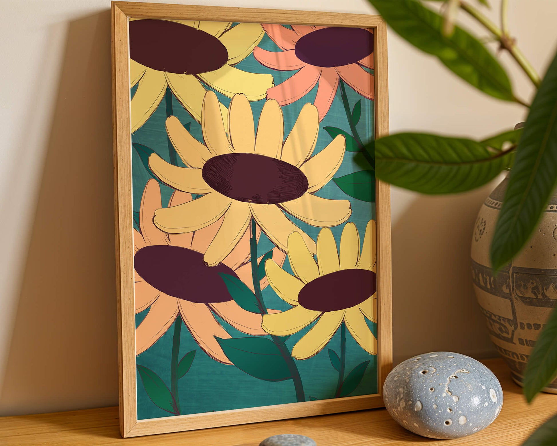 Ilustración floral con margaritas amarillas y naranjas sobre fondo turquesa