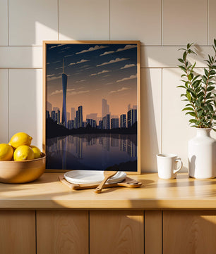 Skyline der Stadt bei Sonnenuntergang mit futuristischem Touch und Wasserspiegelung