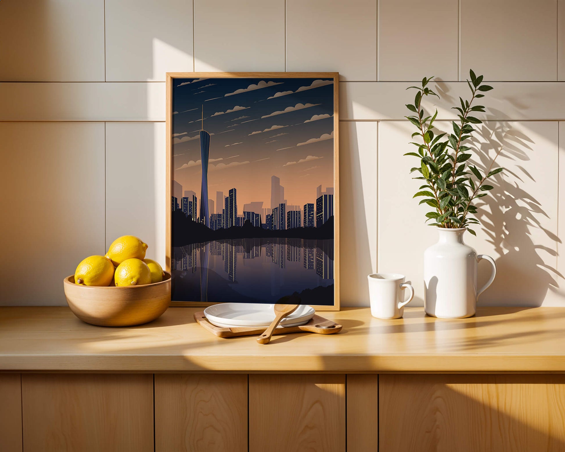 Skyline der Stadt bei Sonnenuntergang mit futuristischem Touch und Wasserspiegelung