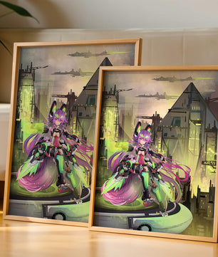 Cyberpunk-Anime-Figur im futuristischen Stadtbild 