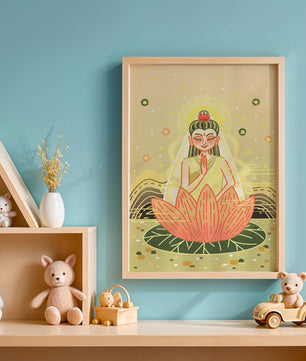 Heitere Illustration einer meditativen Figur auf einem Lotus mit himmlischem Hintergrund