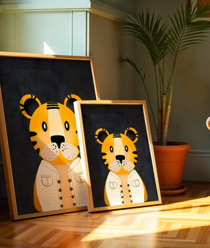 Illustration of cute cartoon tiger character in stylish outfit on dark background