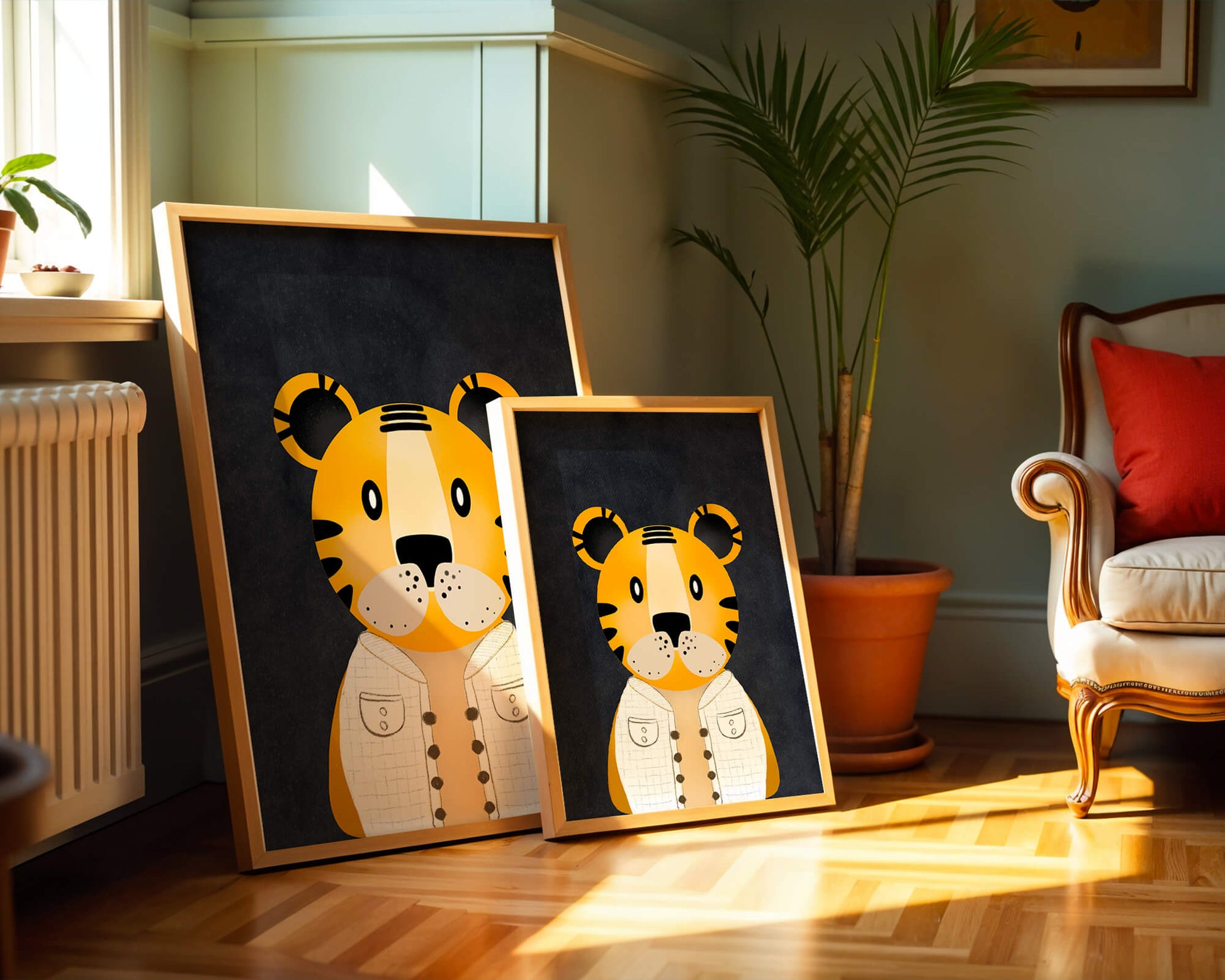 Illustration of cute cartoon tiger character in stylish outfit on dark background