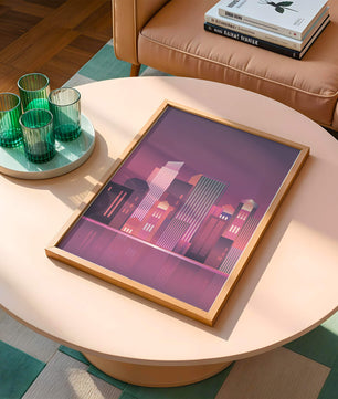 Modern Abstract Cityscape at Sunset with Reflective Water - Mi tienda