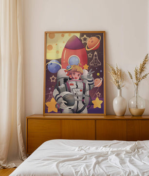 Ilustración de una chica astronauta con temática espacial