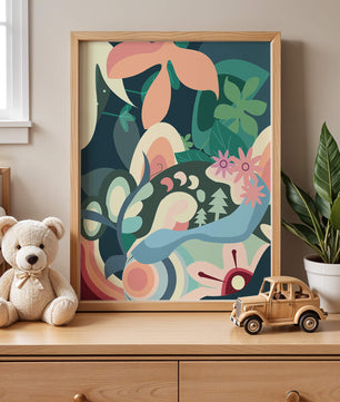 Abstract botanical artwork with vibrant colors and natural elements