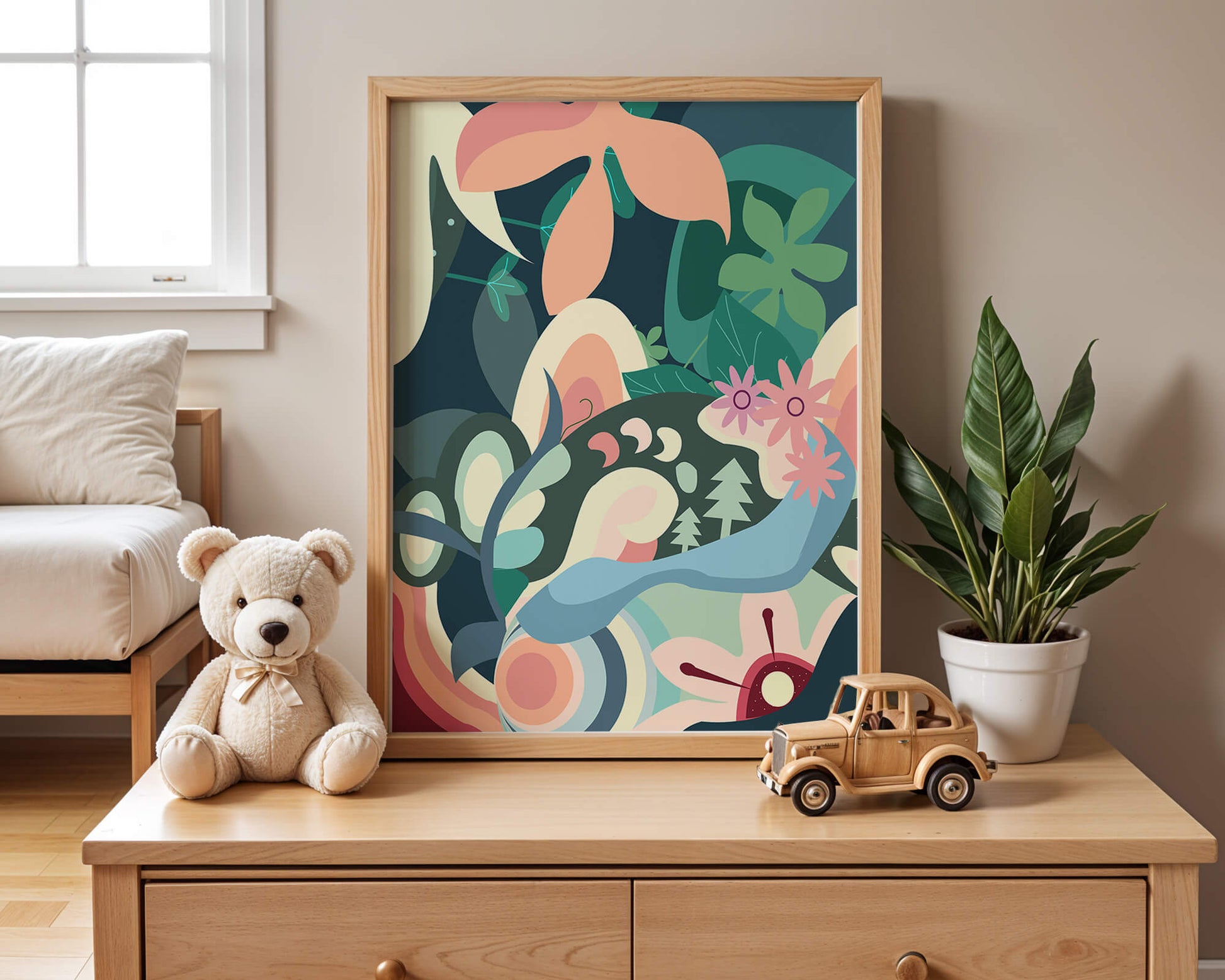 Abstract botanical artwork with vibrant colors and natural elements
