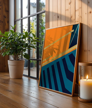 Moderne geometrische Abstraktion mit goldenen Elementen und kräftigen Farben 