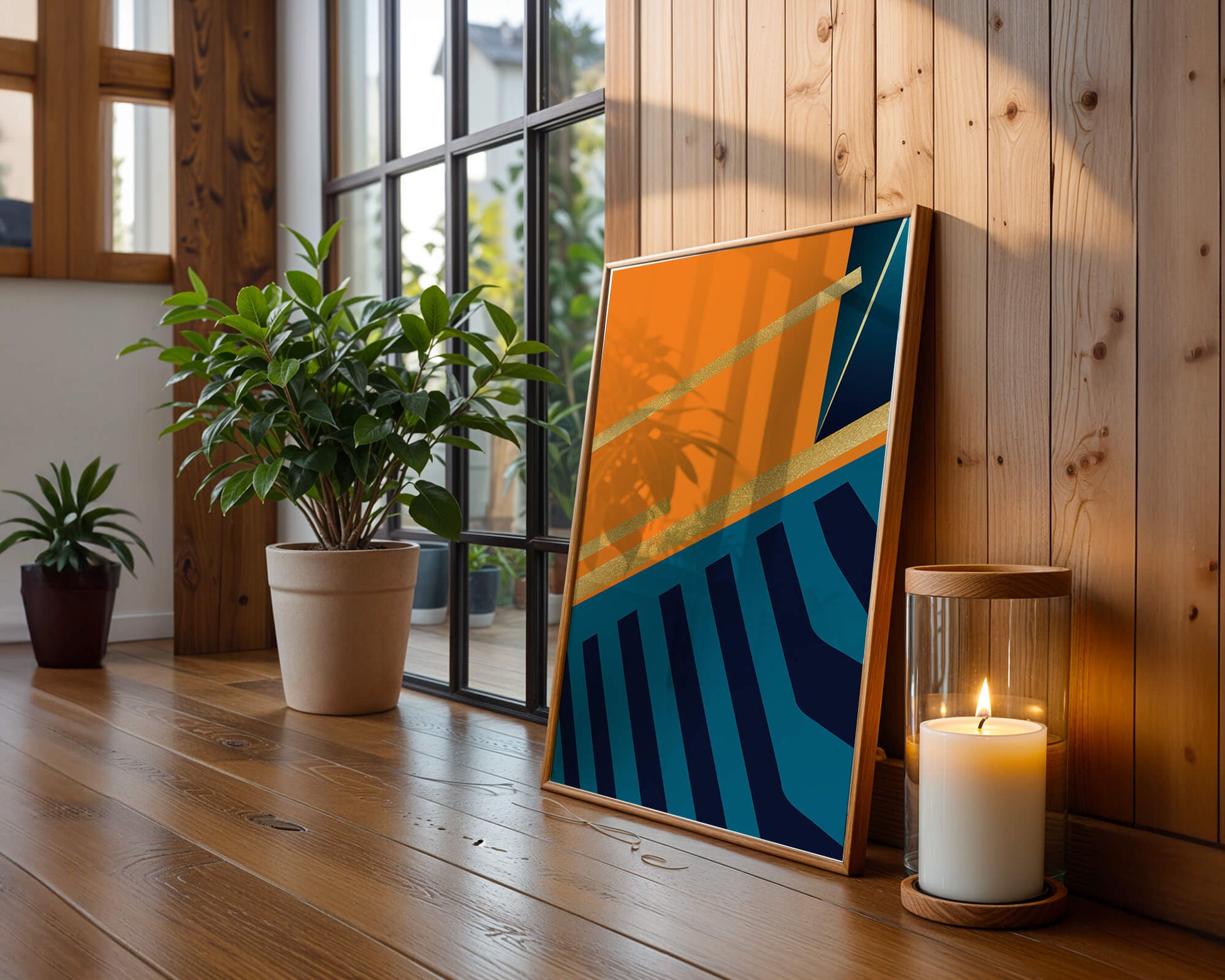 Moderne geometrische Abstraktion mit goldenen Elementen und kräftigen Farben 