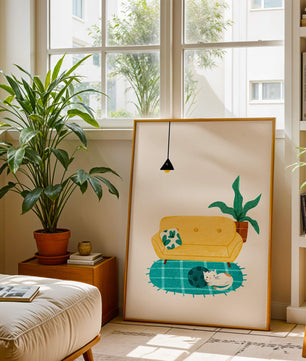 Cozy Living Room with Yellow Sofa and Sleeping Cat
