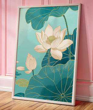 Lotus Flowers with Golden Accents on Aqua Background