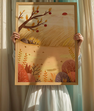 Autumn landscape illustration with apple tree and sunrise in a serene field