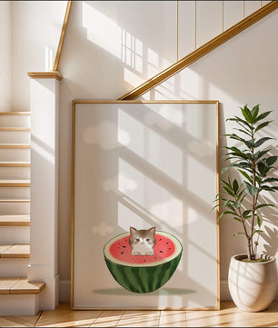 Whimsical art of a kitten in watermelon with clouds
