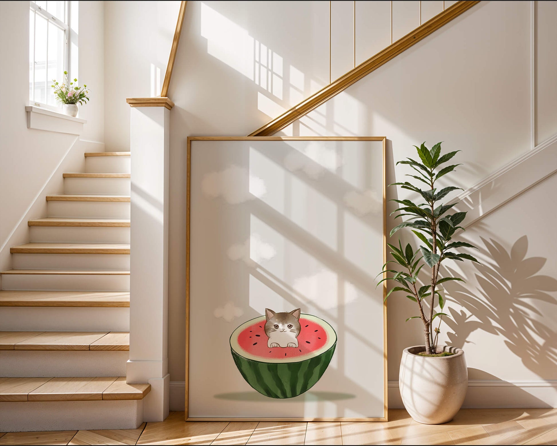Whimsical art of a kitten in watermelon with clouds
