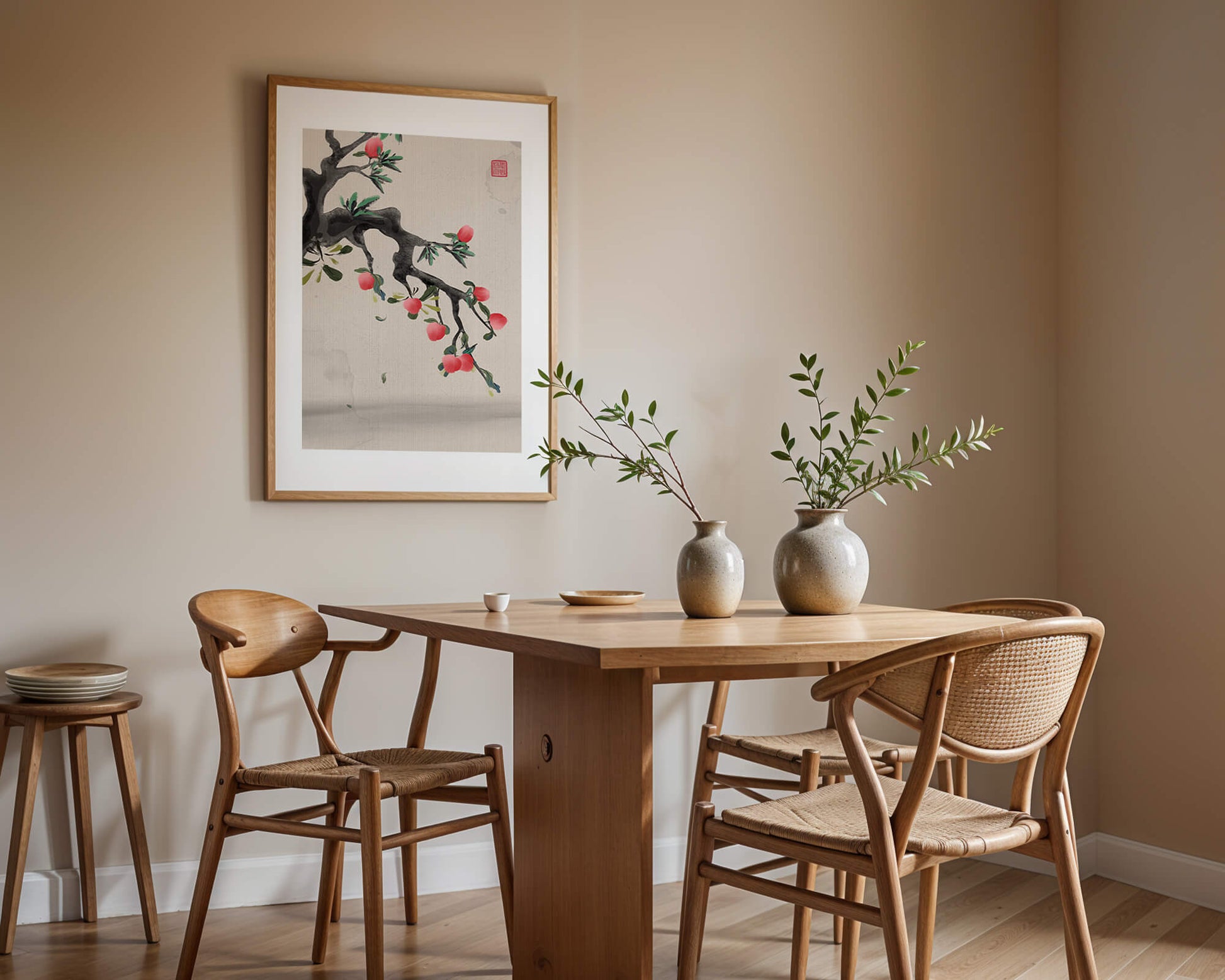 Asian ink painting featuring cherry blossoms on a textured background