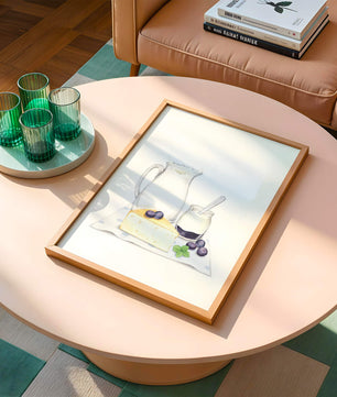 Illustration of dairy products with blueberries on polka dot cloth
