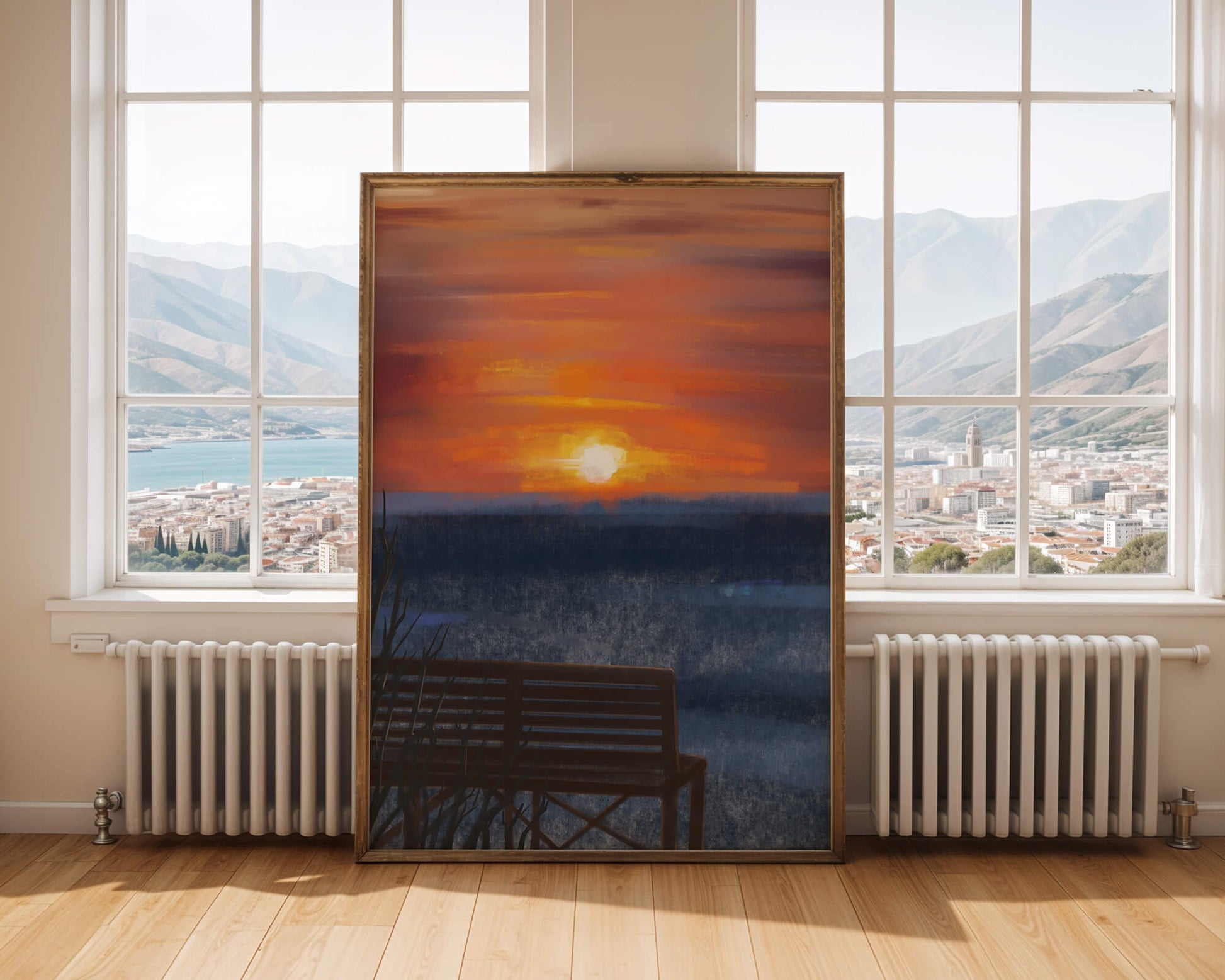 Serene Sunset Overlooking the Ocean with a Wooden Bench
