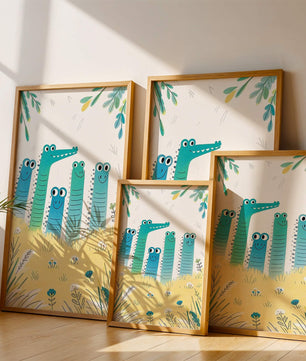 Illustration of Happy Cartoon Crocodiles in a Colorful Meadow - Mi tienda