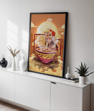 Ilustración de un niño con traje tradicional y un gran tazón de sopa