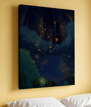 Enchanted night forest with glowing fireflies and dense foliage
