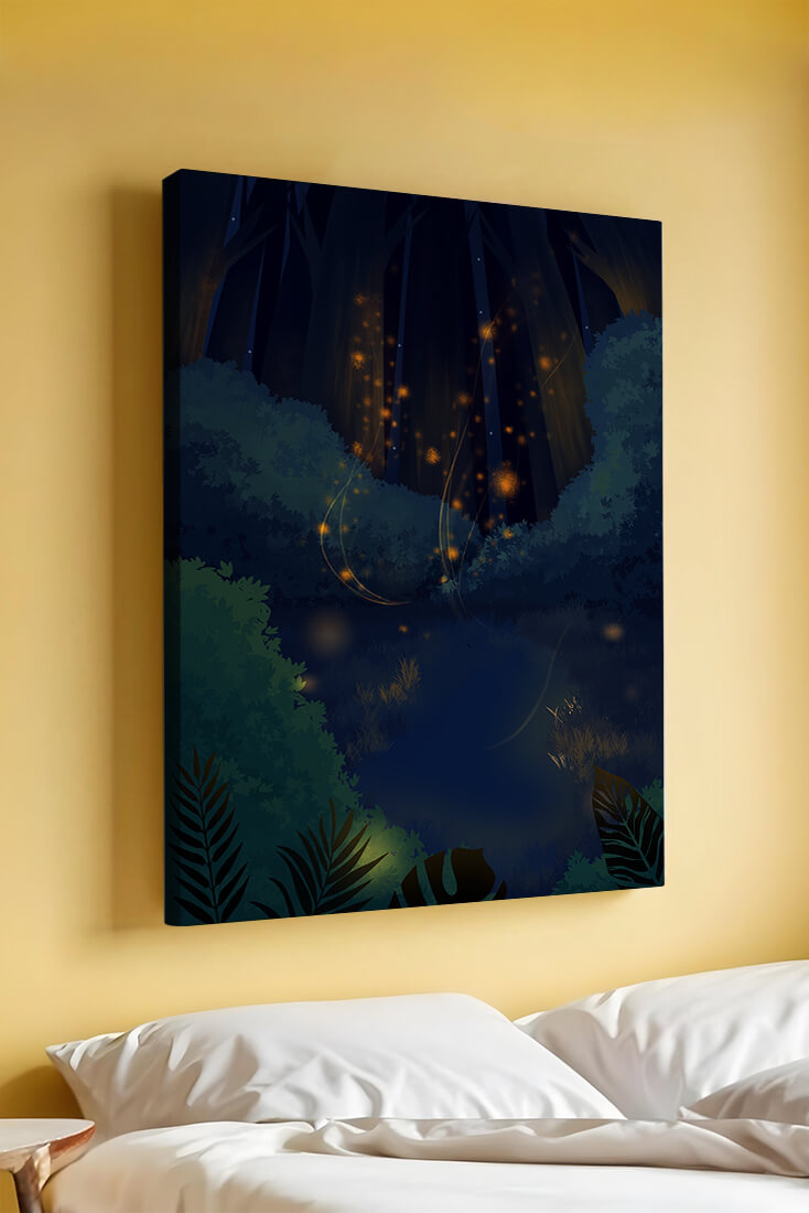 Enchanted night forest with glowing fireflies and dense foliage