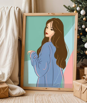 Stylish woman illustration with long hair in pastel shades
