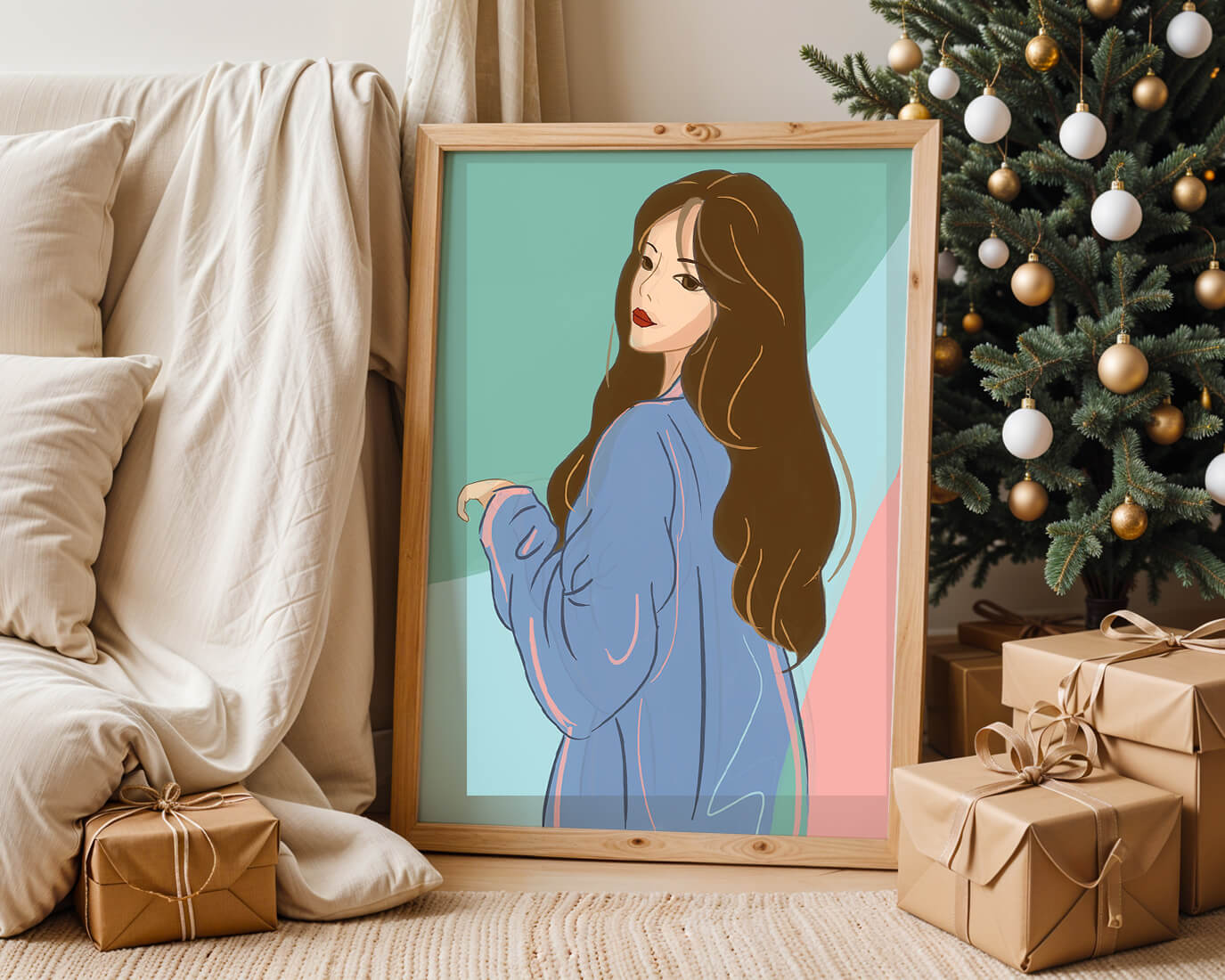 Stylish woman illustration with long hair in pastel shades