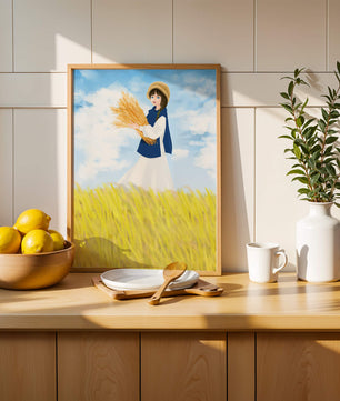 Young girl in a wheat field on a sunny day illustration
