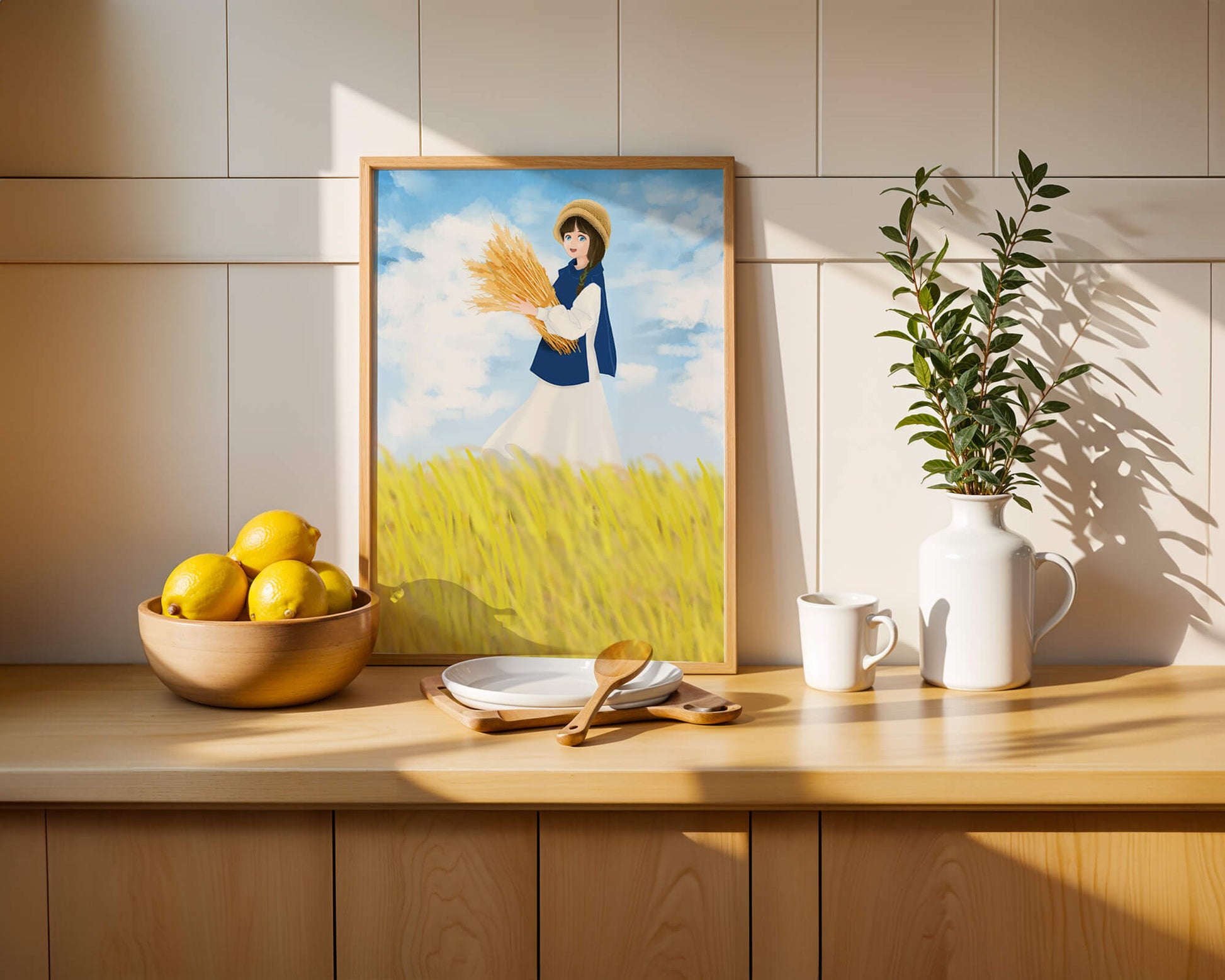 Young girl in a wheat field on a sunny day illustration