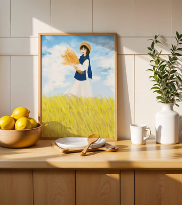 Young girl in a wheat field on a sunny day illustration