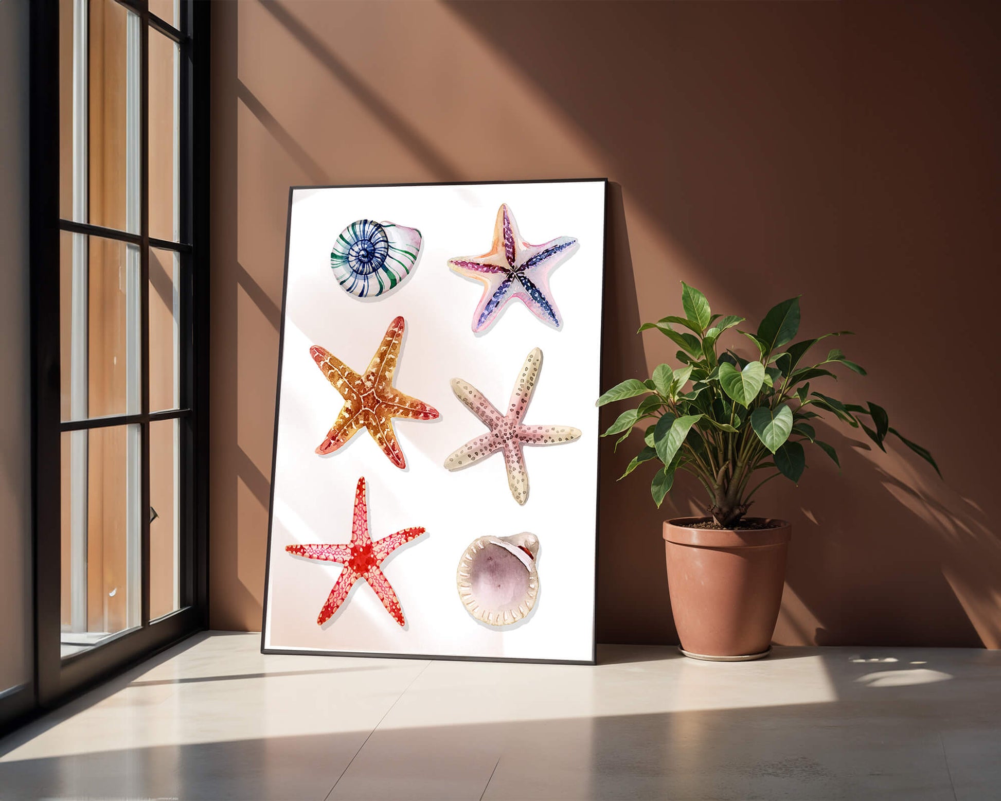 Watercolor collection of seashells and starfish illustration