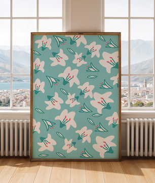 Motif floral avec des lys blancs sur un fond turquoise