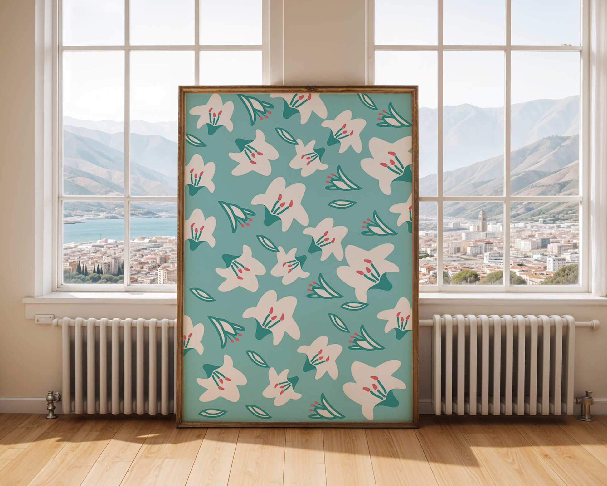Floral pattern with white lilies on a turquoise background