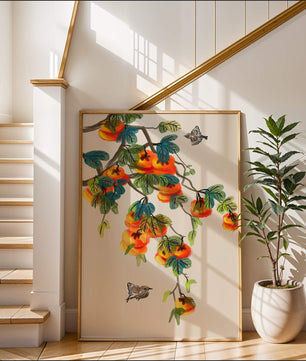 Branch with vibrant persimmons and birds illustration