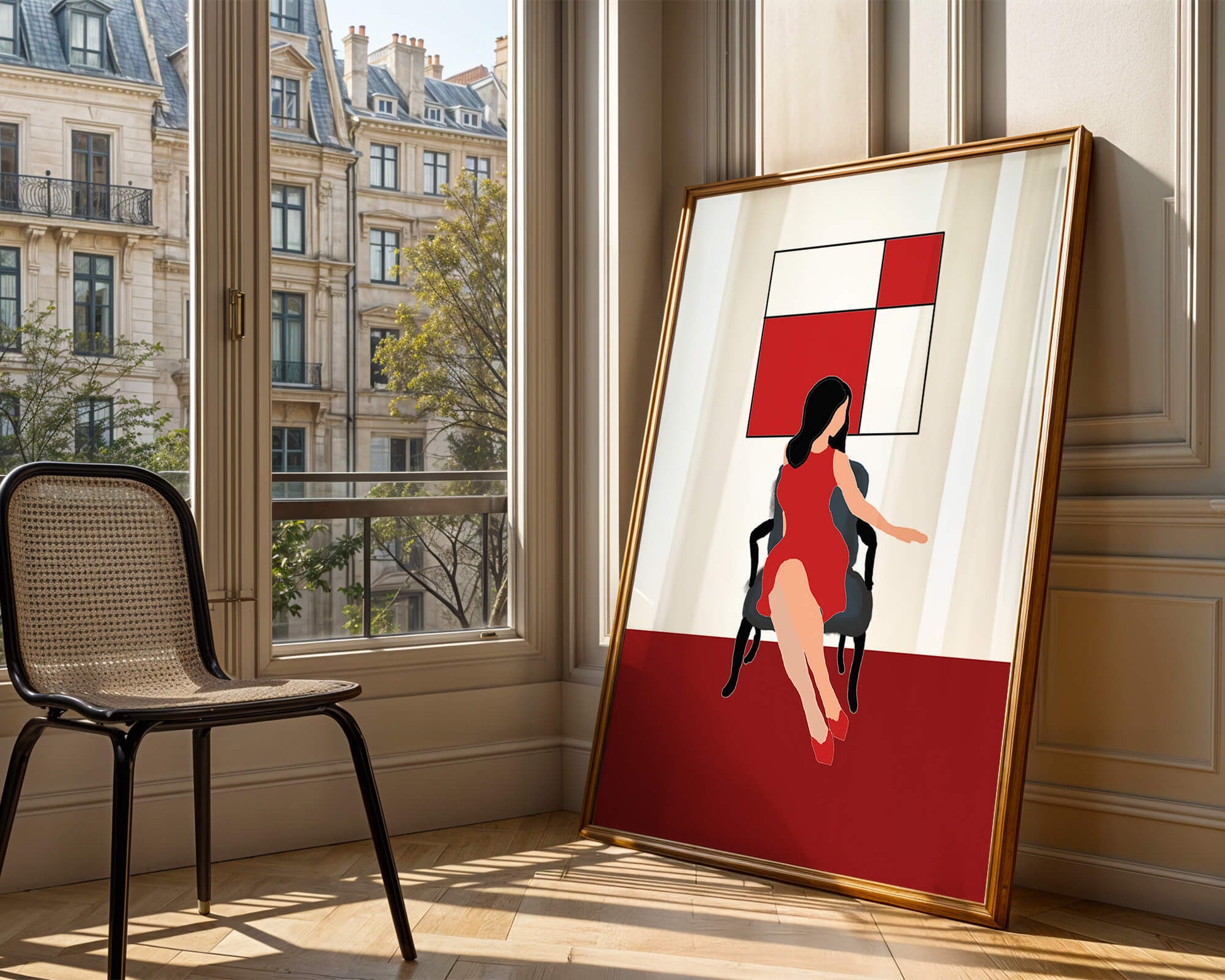 Mujer abstracta en vestido rojo sentada en una silla con arte geométrico en la pared