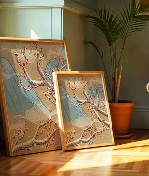 Traditional Japanese landscape with blooming cherry branches