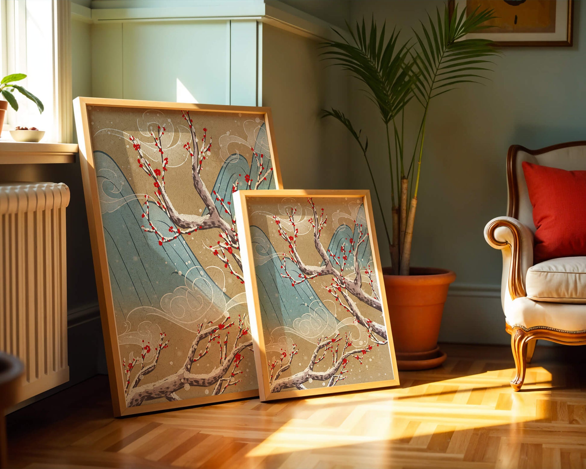 Traditional Japanese landscape with blooming cherry branches