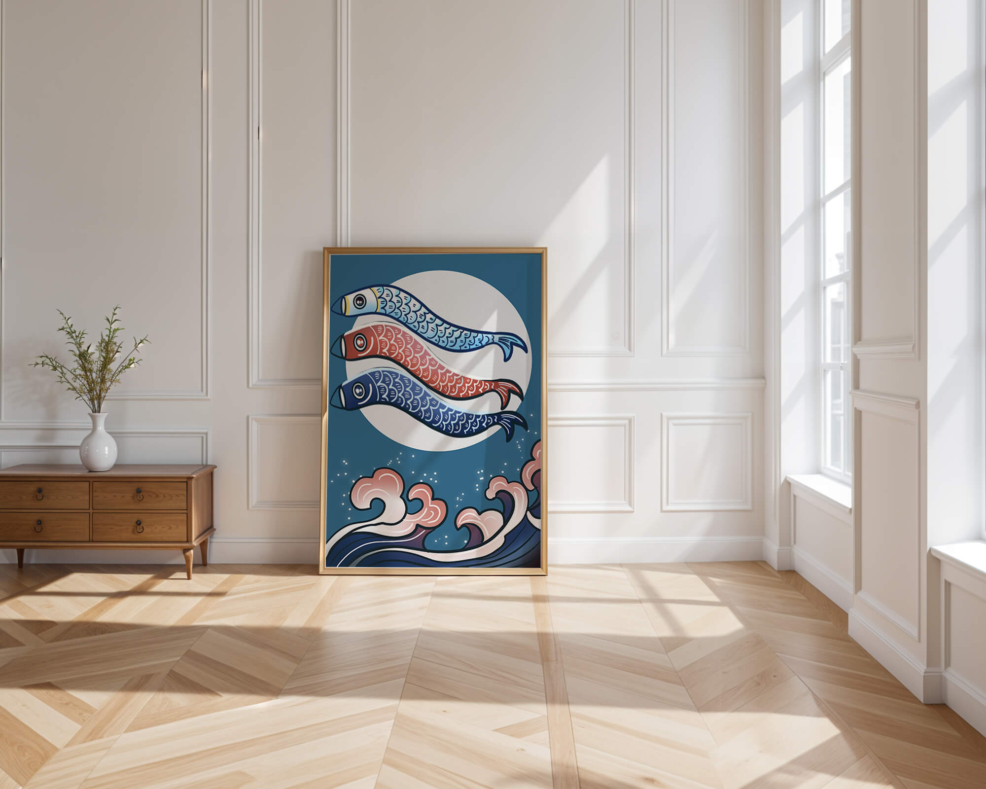 Colorful koi fish kites against a full moon with ocean waves
