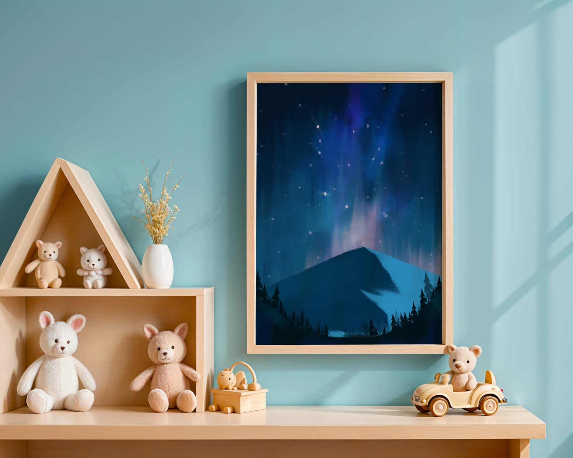 Paisaje montañoso sereno con auroras boreales y bosque oscuro