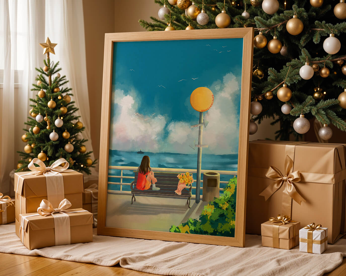 Serene waterfront scene with woman on bench facing the sea