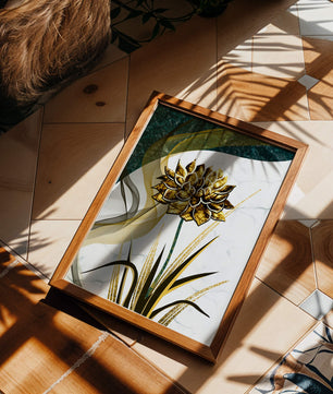 Golden flower artwork with abstract background for contemporary decor