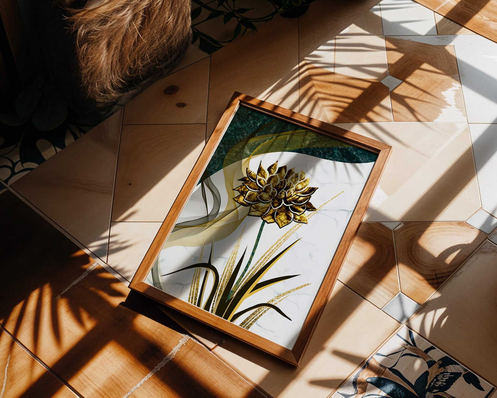 Golden flower artwork with abstract background for contemporary decor