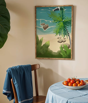 Serene tropical beach scene with lush greenery and calm waves