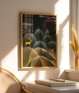 Golden Deer on Abstract Landscape with Red Sun and Pagoda