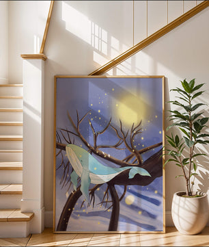 Whale resting on tree branches under starry night sky