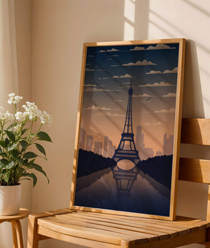 Vista escénica de la Torre Eiffel al anochecer con reflejo del horizonte urbano